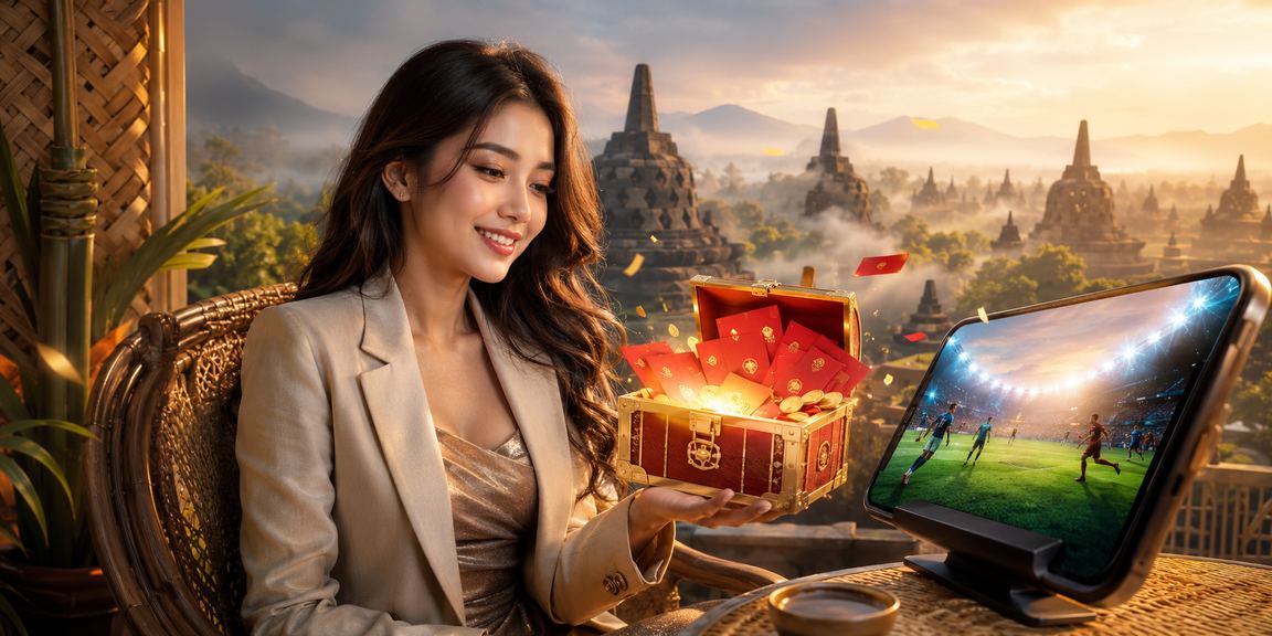 Model Indonesia memegang amplop merah bonus sukses77